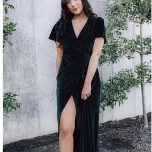 Andi Ribbed Velvet Wrap Dress - Emerald Size Large